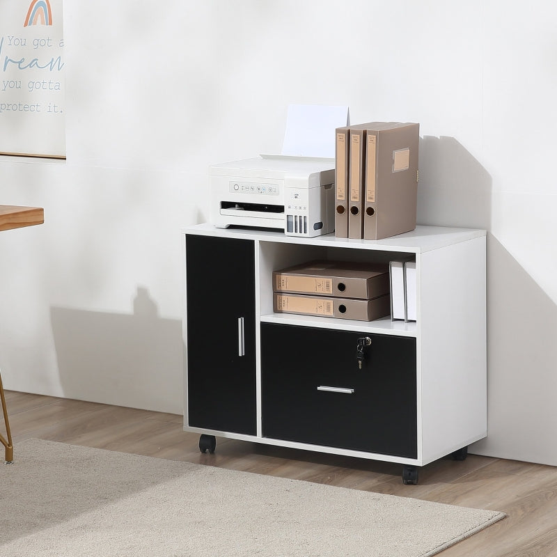Black and White Mobile File Cabinet with Lockable Drawer and Shelf