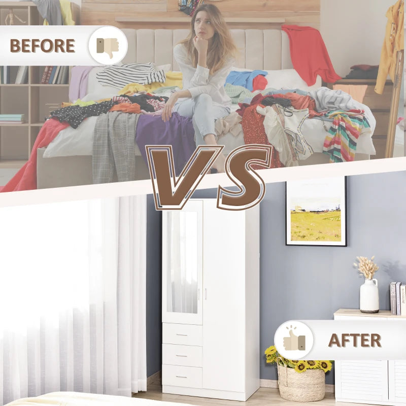 White 2-Door Mirror Wardrobe with Storage and Drawers