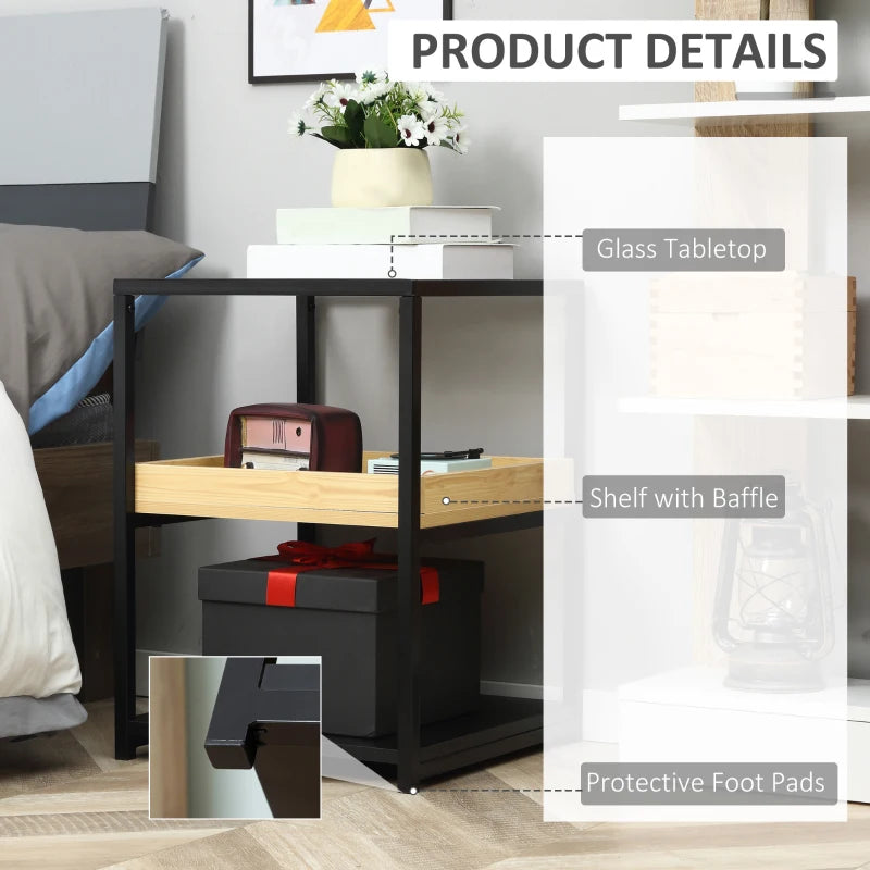 Black Glass 3-Tier Side Table with Storage Shelves