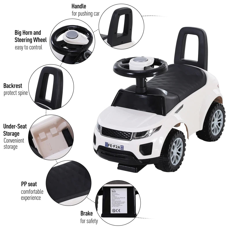 White Toddler Ride-On Car with Horn and Storage