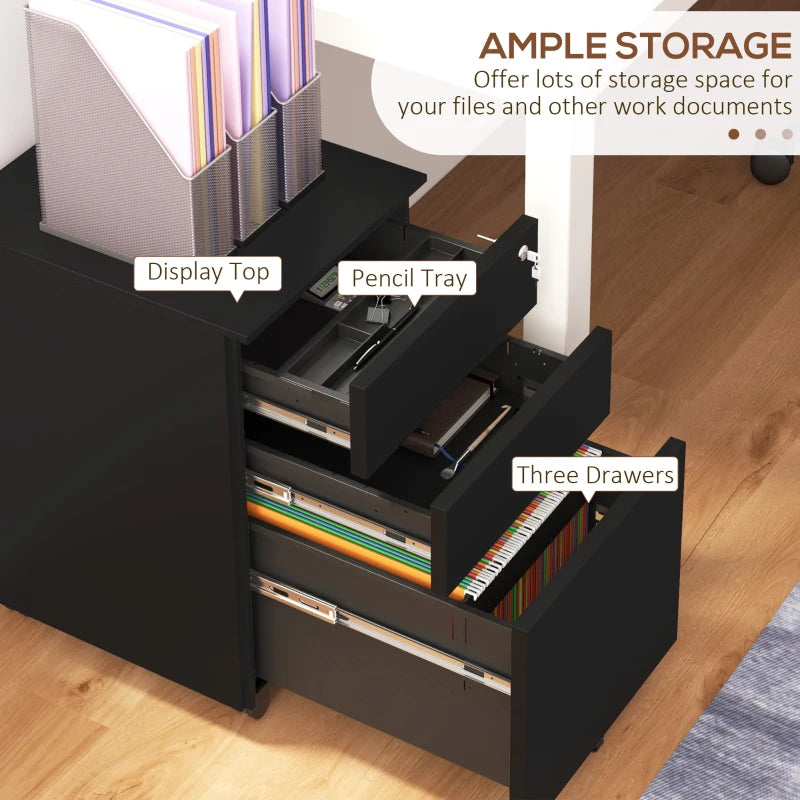 Black 3-Drawer Steel Filing Cabinet with Lock and Wheels