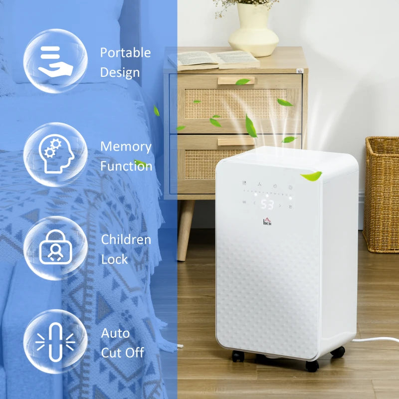 White Portable Dehumidifier with Air Purifier, 24H Timer, 5 Modes, 12L/Day