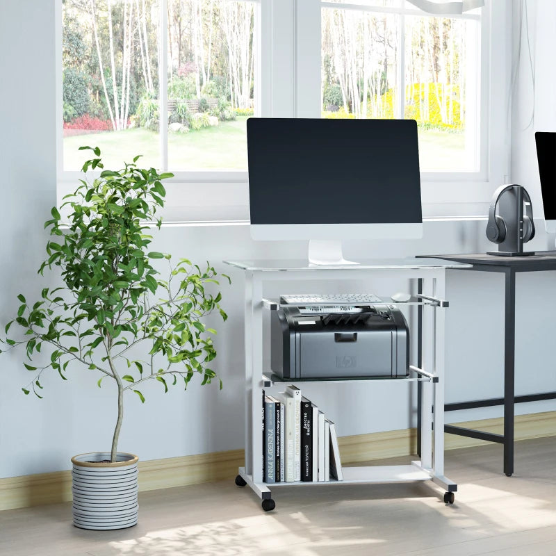 White Compact Computer Desk with Keyboard Tray and Wheels