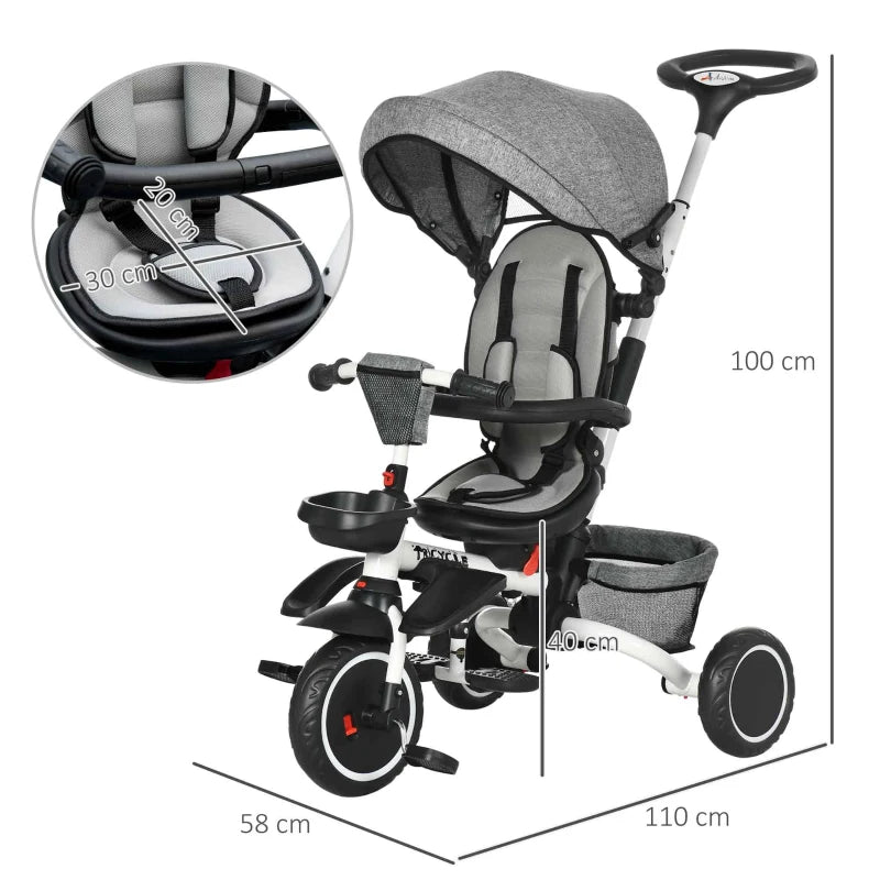 Grey Kids Tricycle with Rotatable Seat & Adjustable Push Handle