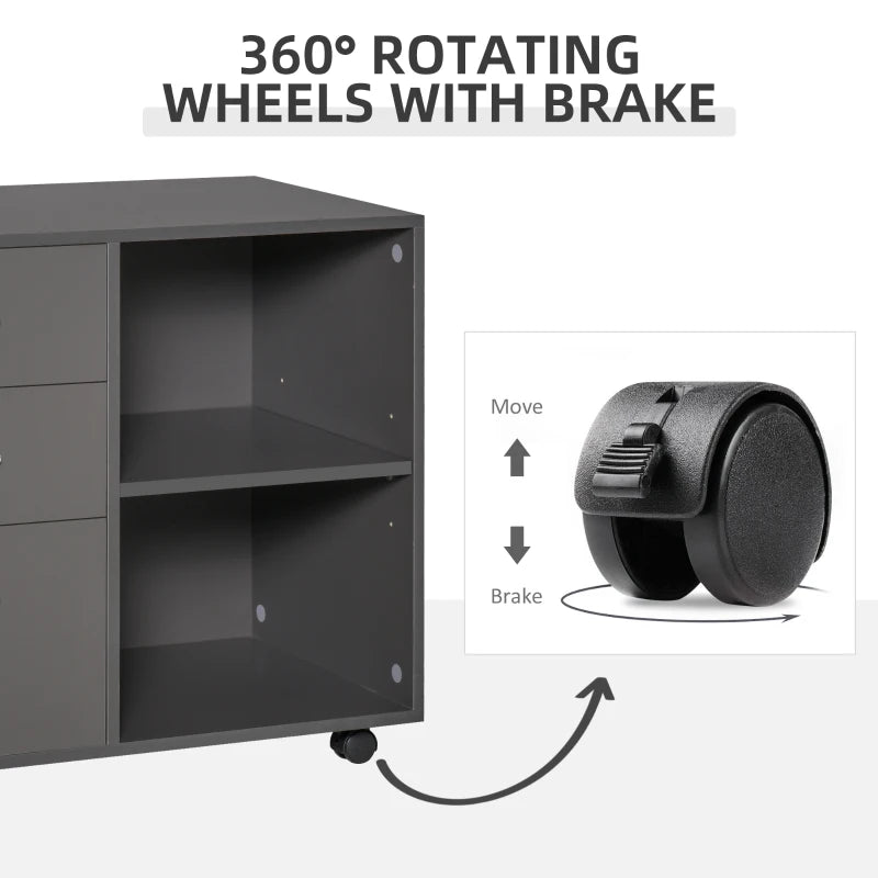 Grey Mobile Printer Stand with 3 Drawers and 2 Shelves - Modern Office Storage
