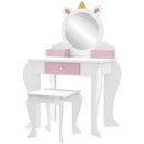 White Unicorn Kids Dressing Table Set with Mirror and Stool