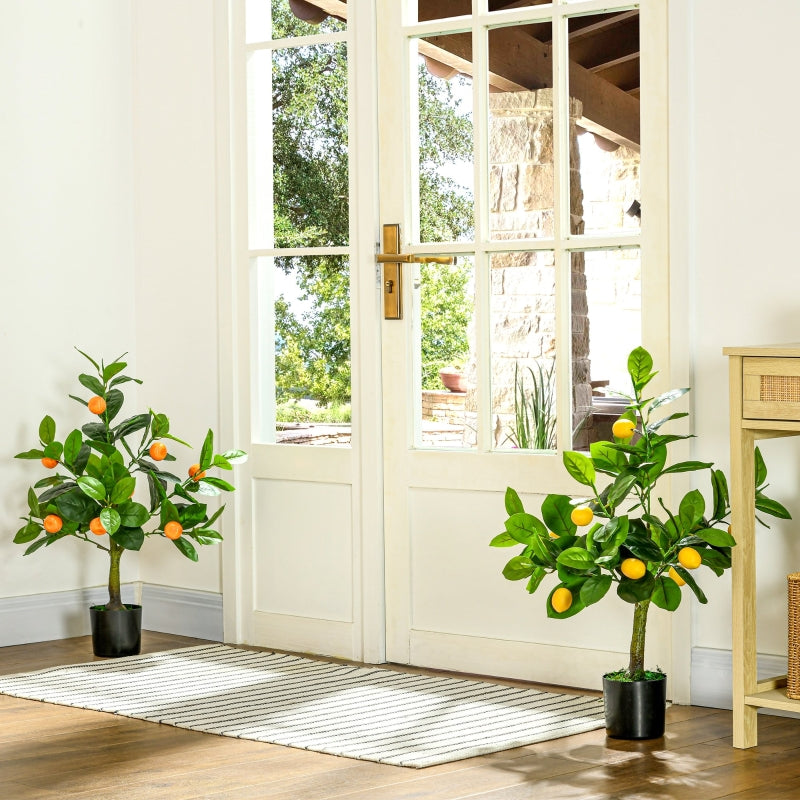 Set of 2 Artificial Lemon and Orange Trees with Pots, Home Indoor Decor, 60cm, Green and Orange