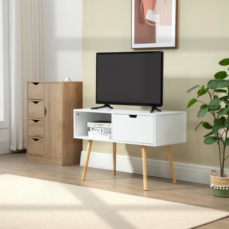 White Standing TV Unit With Wooden Legs