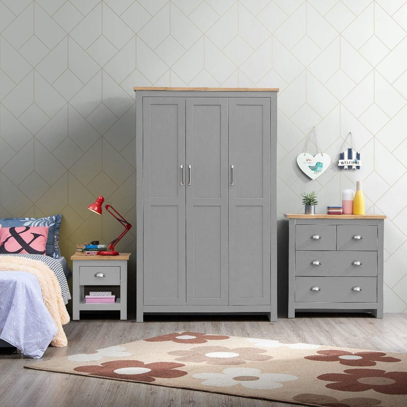 Lisbon 3 Piece Set (3 Door Wardrobe, 2+2 Chest, 1 Drw Bedside) Light Grey - Bedroom Sets