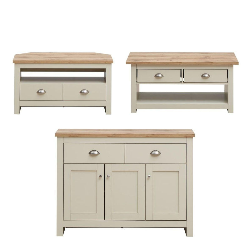 Lisbon 3 Piece Set (Corner TV Unit 2 Drawers, 3 Doors & 2 Drawer Sideboard, 2 Drawer Coffee Table) Cream - Living Room Sets