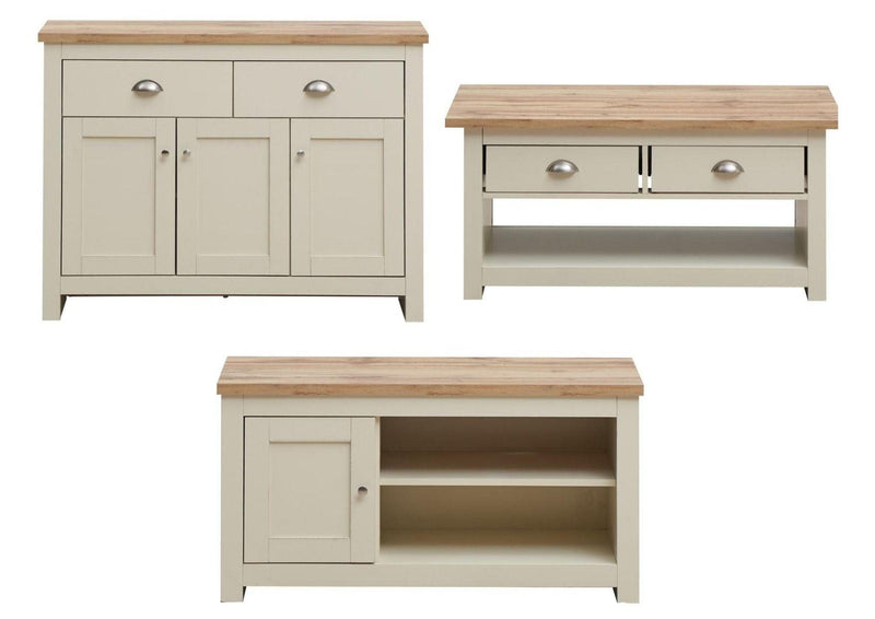 Lisbon 3 Piece Set (TV Unit  1 Door 1 Shelf, 3 Doors & 2 Drawer Sideboard, 2 Drawer Coffee Table) Cream - Living Room Sets